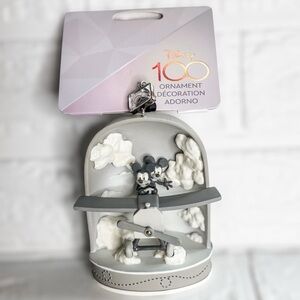 New Disney 100th Anniversary Gray and Black Plane Minnie Mickey Ornament